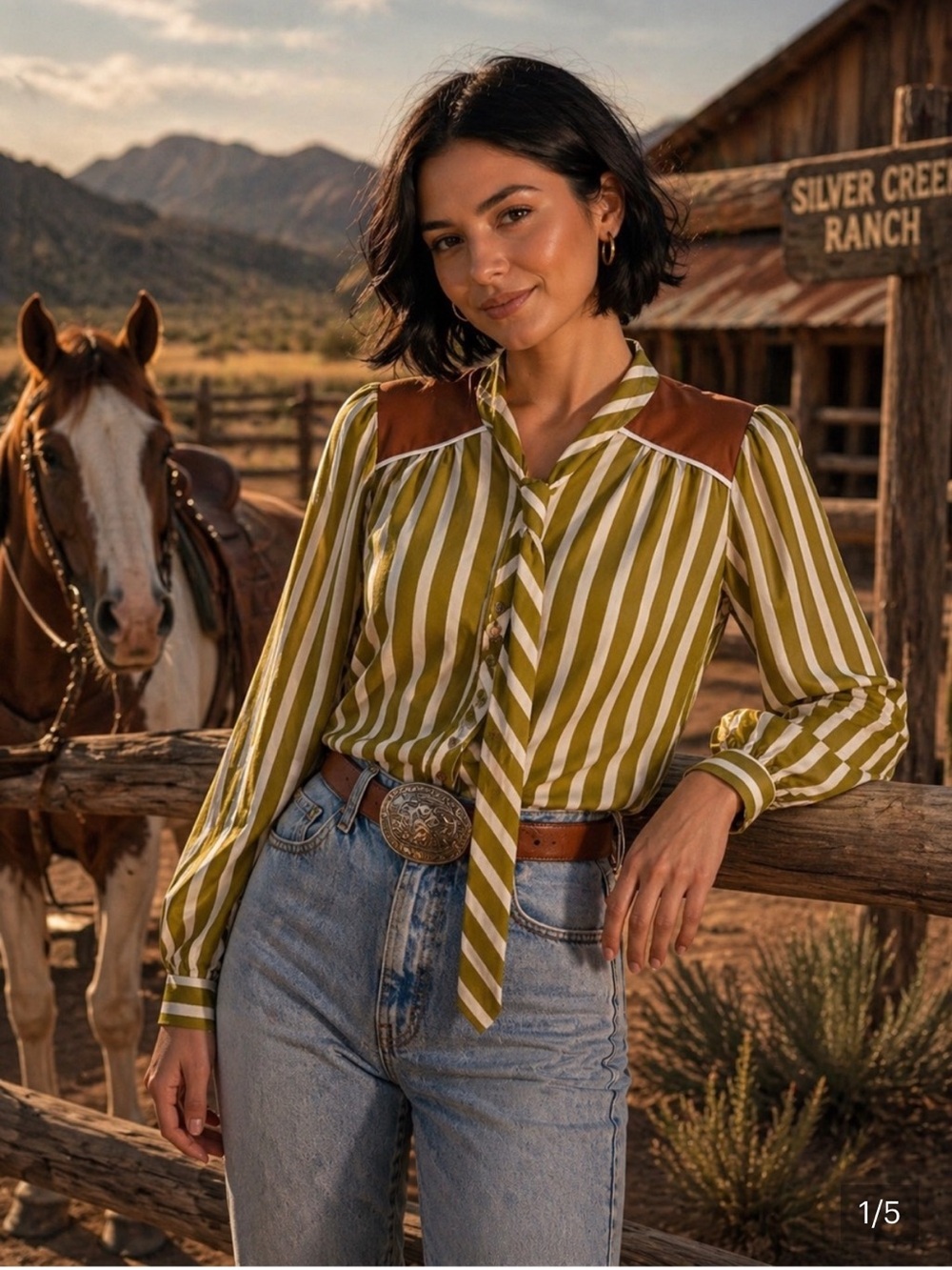 Tulip B Stripe Tie Neck With Contrast Yoke Blouse. Size S, M, L